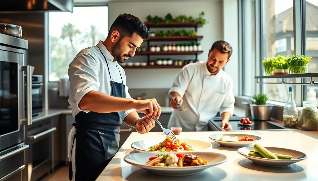 two brothers cooking in a modern restaurant kitchen.