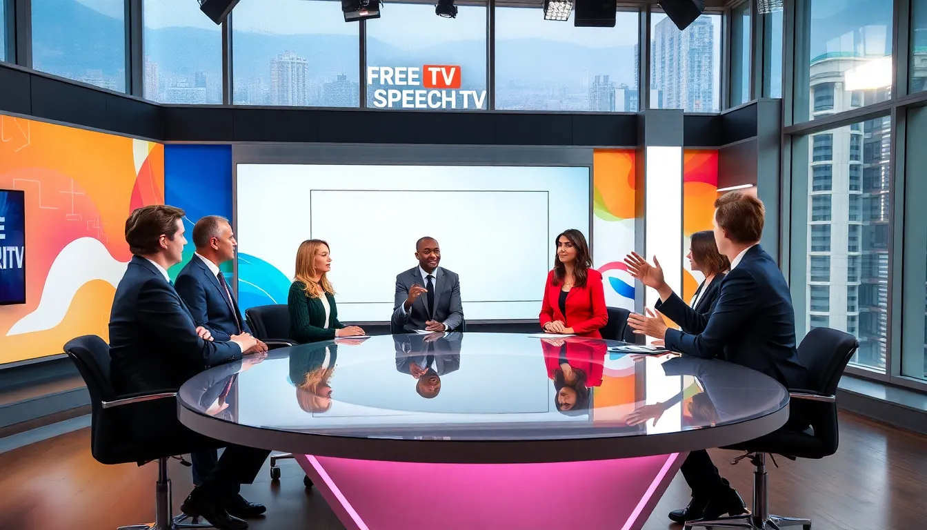 diverse journalists in a modern studio discussing free speech topics.