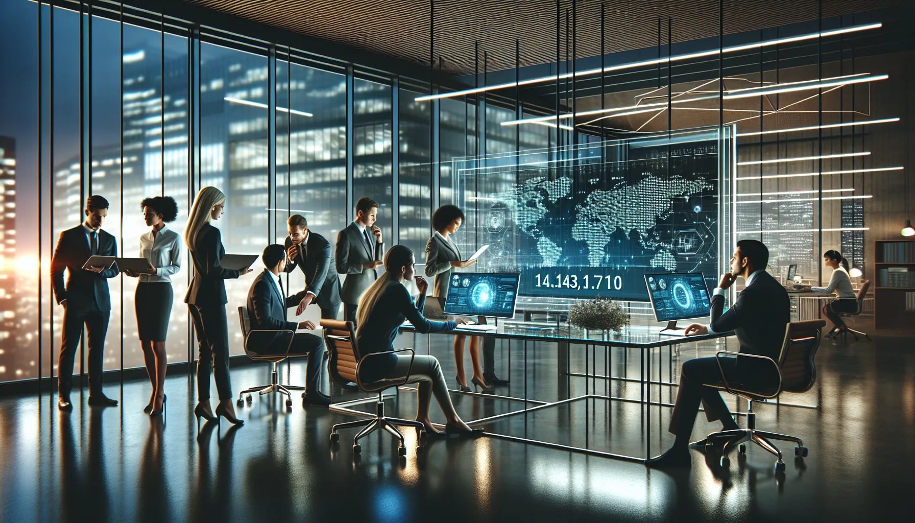 professionals discussing data about IP addresses in a modern office.