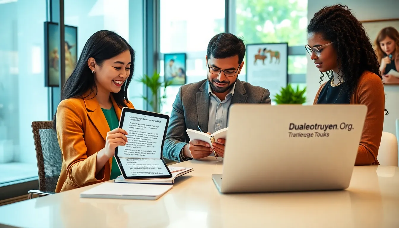 diverse professionals discussing dual-language storytelling in a modern office.