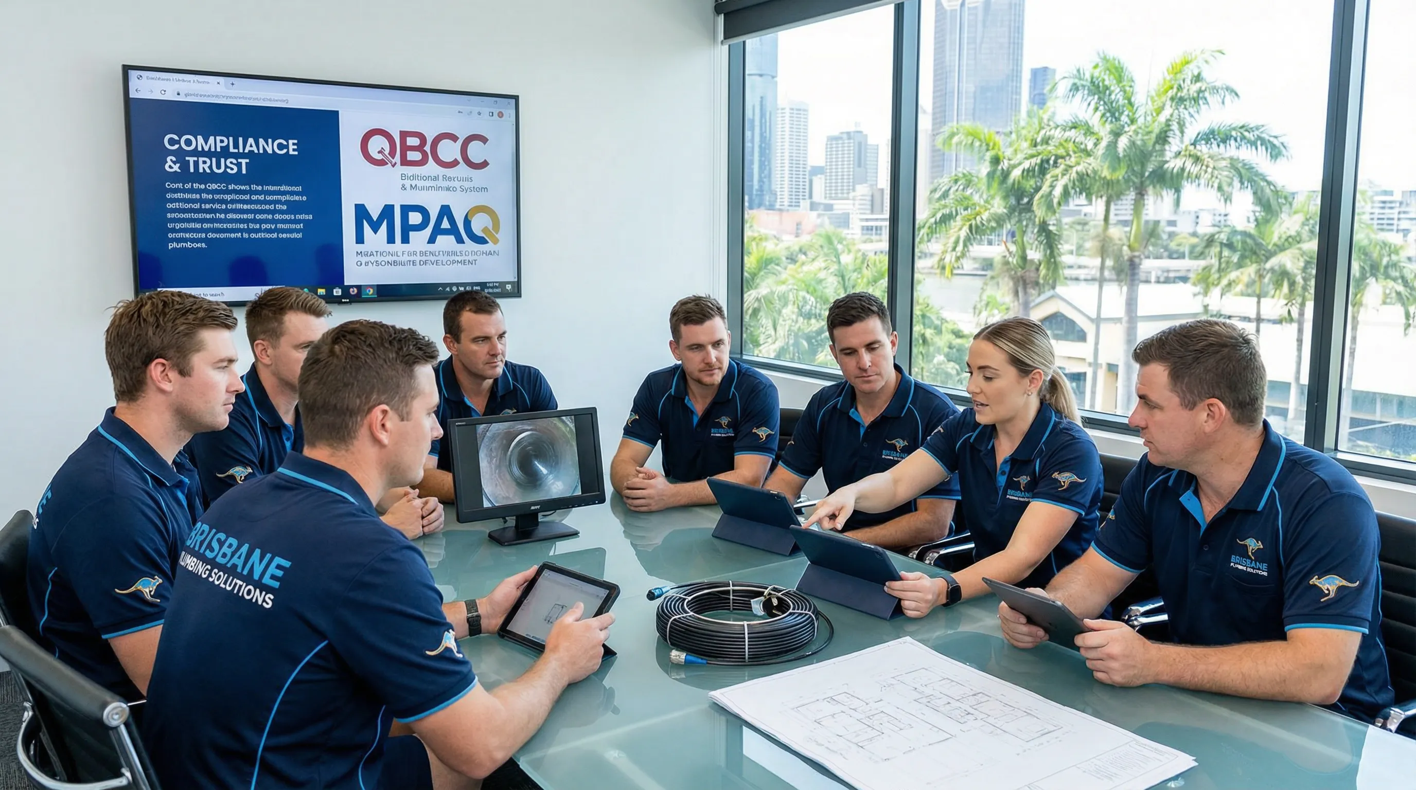 Professional Brisbane plumbers discussing diagnostics and compliance in a modern office.