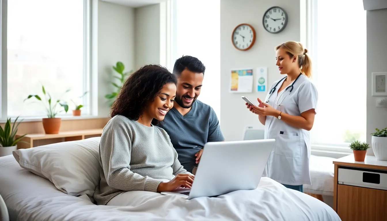 couple preparing for birth in a modern hospital setting.
