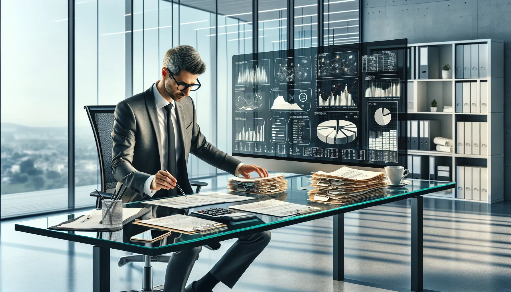 Croatian business consultant reviewing financial documents at modern office desk