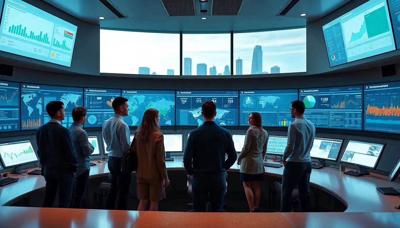diverse team in a modern control room analyzing energy management data.