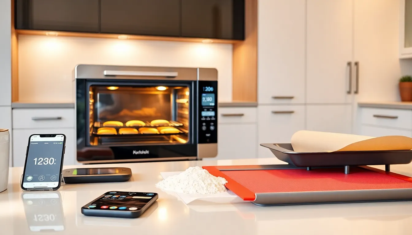 modern kitchen with smart oven and baking tools for cookies.