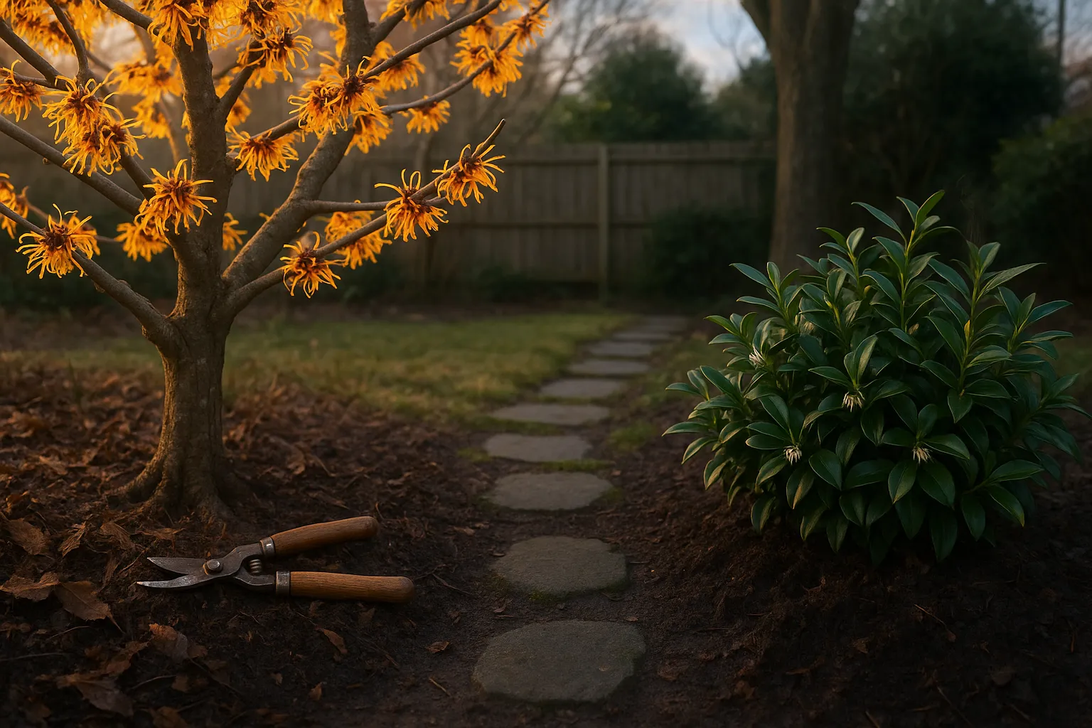 Witch hazel with yellow strap-like flowers beside evergreen sweet box with tiny white blooms.