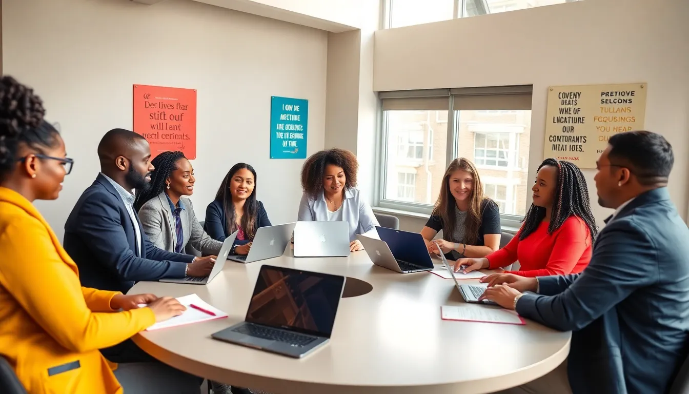 diverse group collaborating on community initiatives in a bright, modern center.