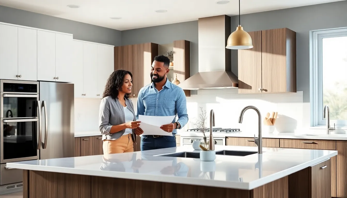 diverse team discussing a modern kitchen remodelling project.