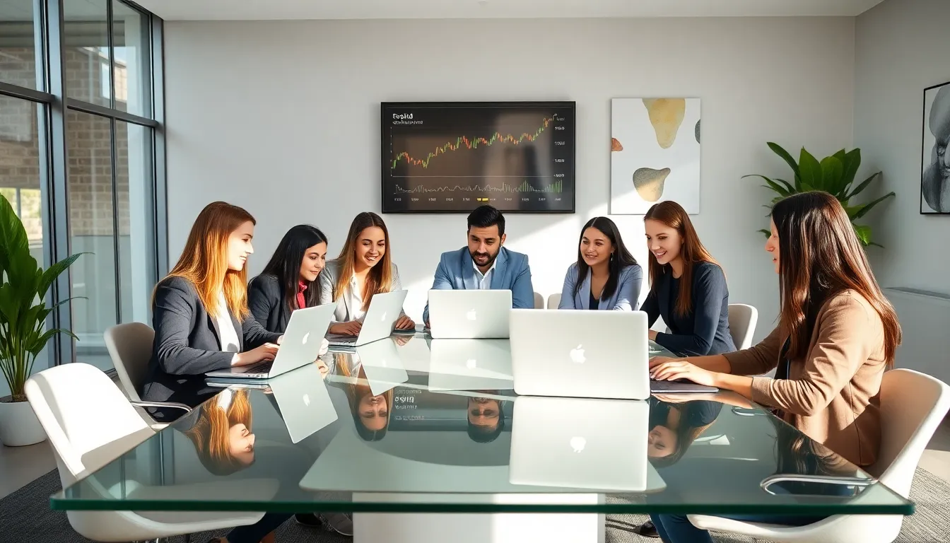 diverse team discussing online gold investment in a modern office.