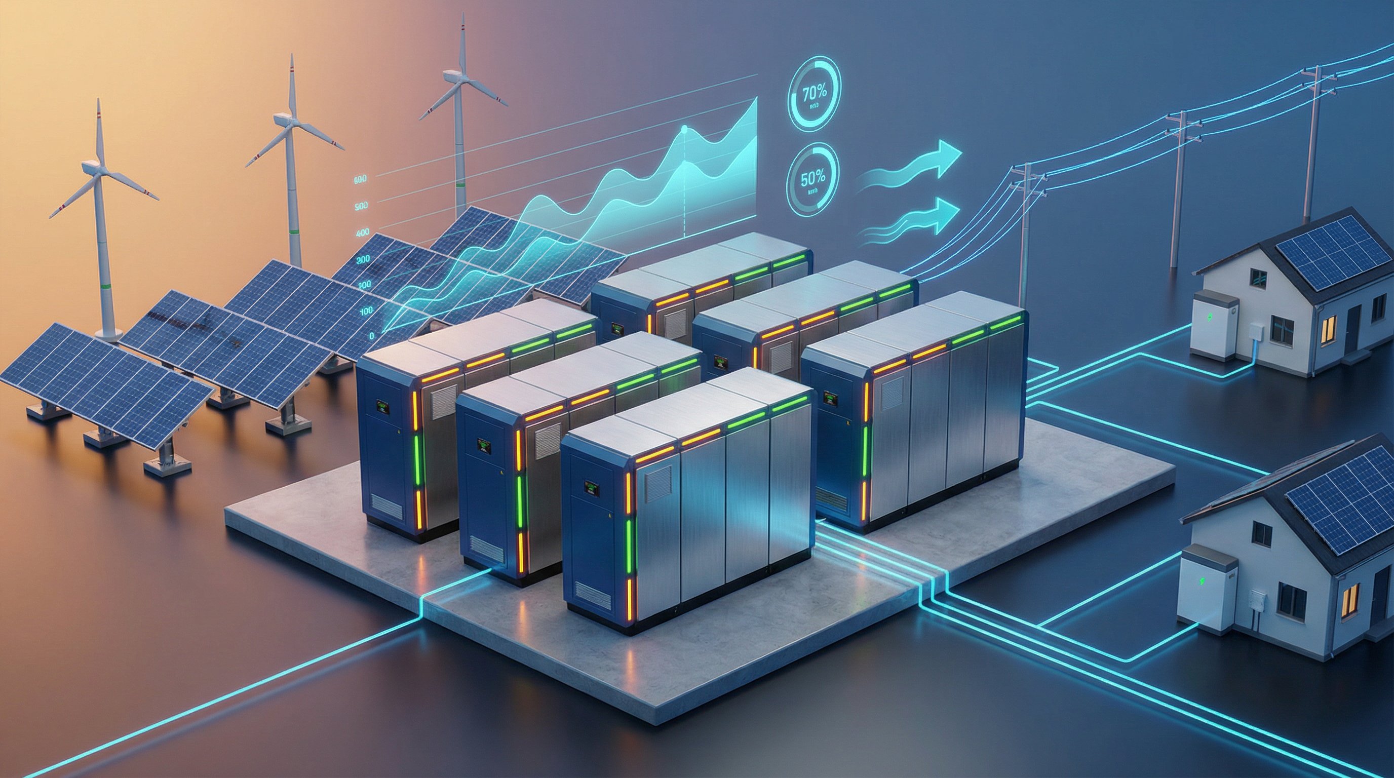 3D render of modern battery storage units with solar panels and grid infrastructure for energy storage systems.