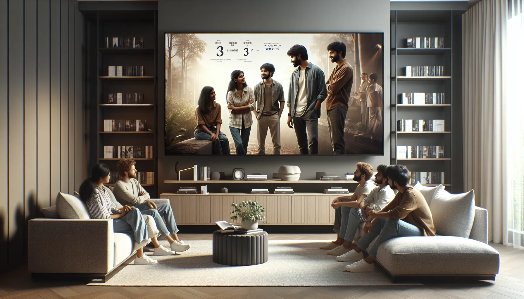 friends discussing a Telugu movie in a modern living room.