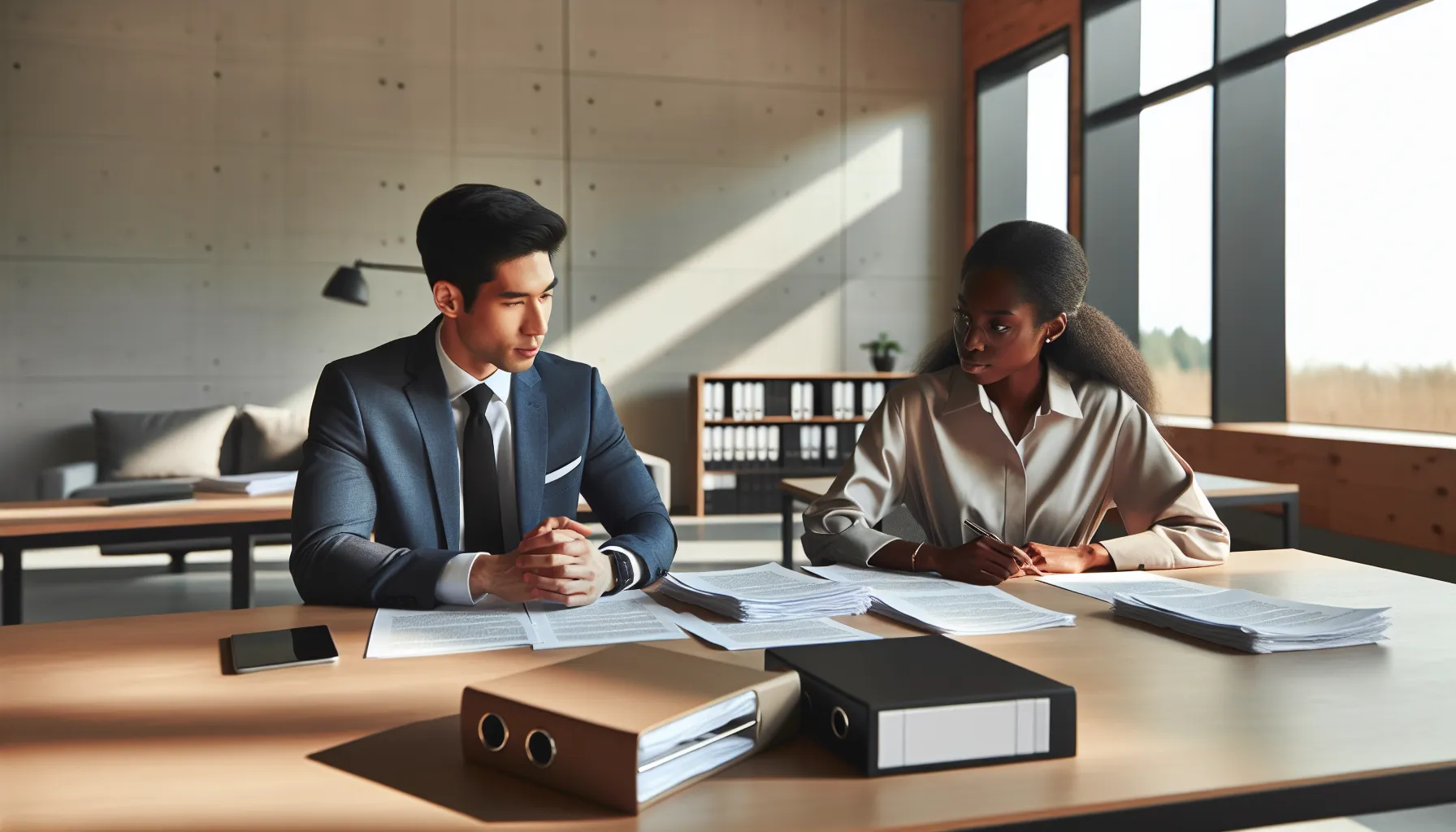 Two professionals discussing legal documents at modern office table