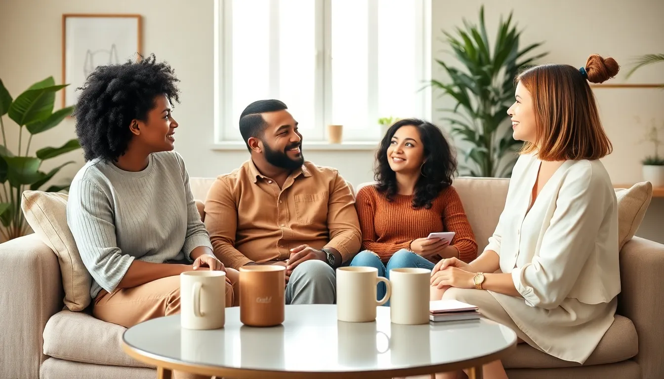 diverse professionals discussing lifestyle resumption in a cozy living room.