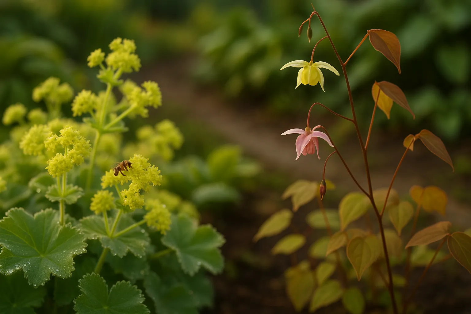 Alchemilla’s chartreuse froth beside Epimedium’s pendant spurred flowers in spring garden.