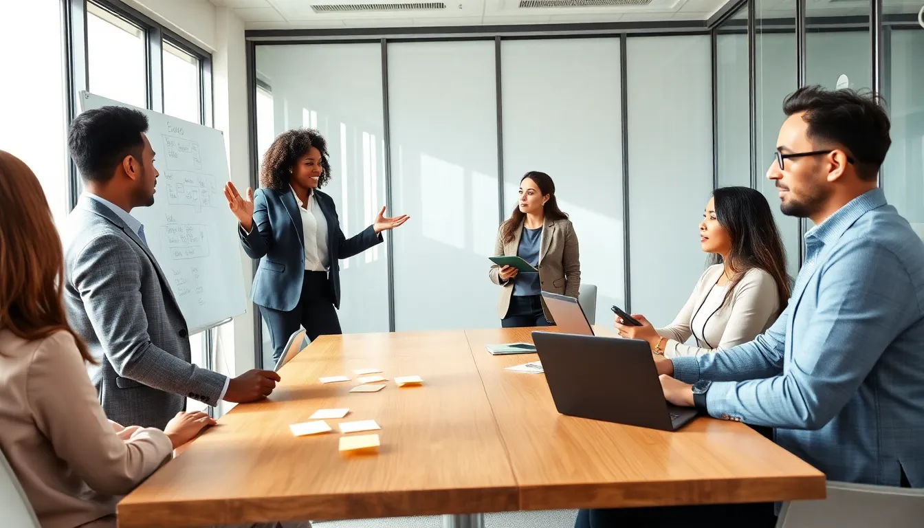 diverse professionals brainstorming in a modern conference room.