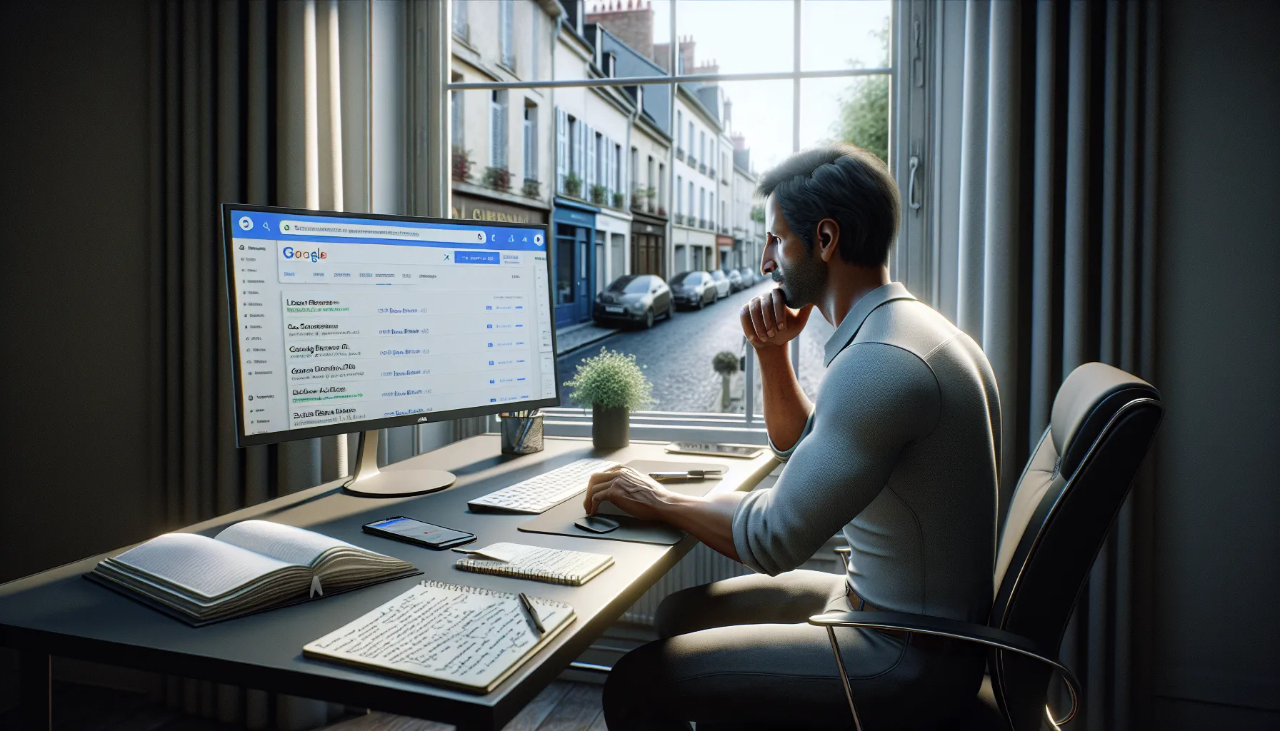 Local business owner in Limeil-Brévannes studying Google search results on his computer.