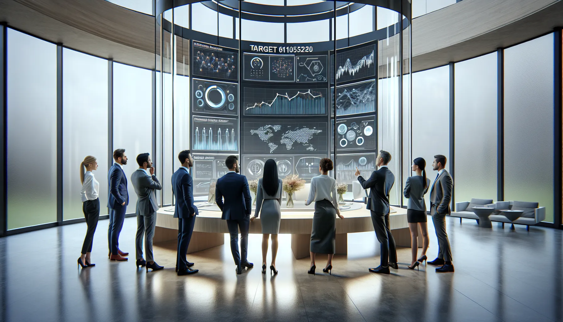 professionals collaborating around a digital dashboard in a modern office.