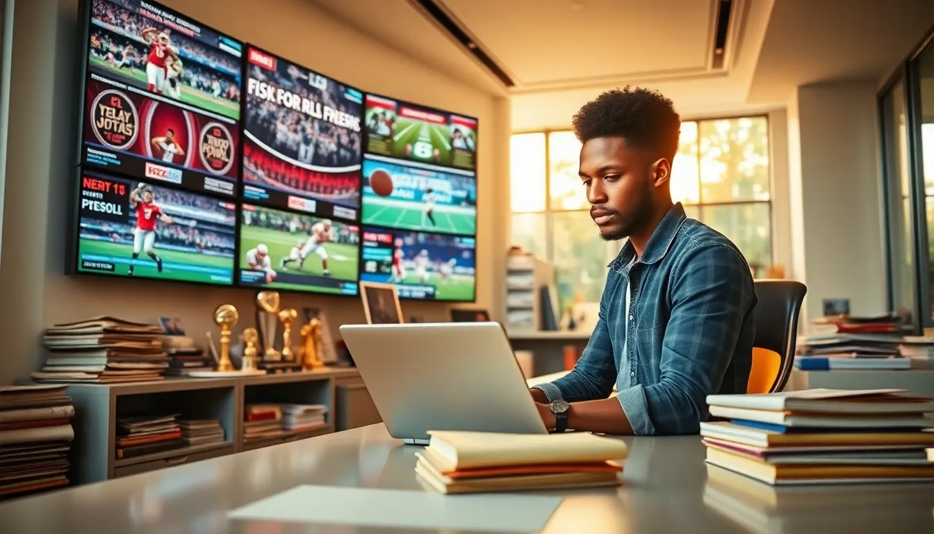 A young journalist working in a modern sports archive office.