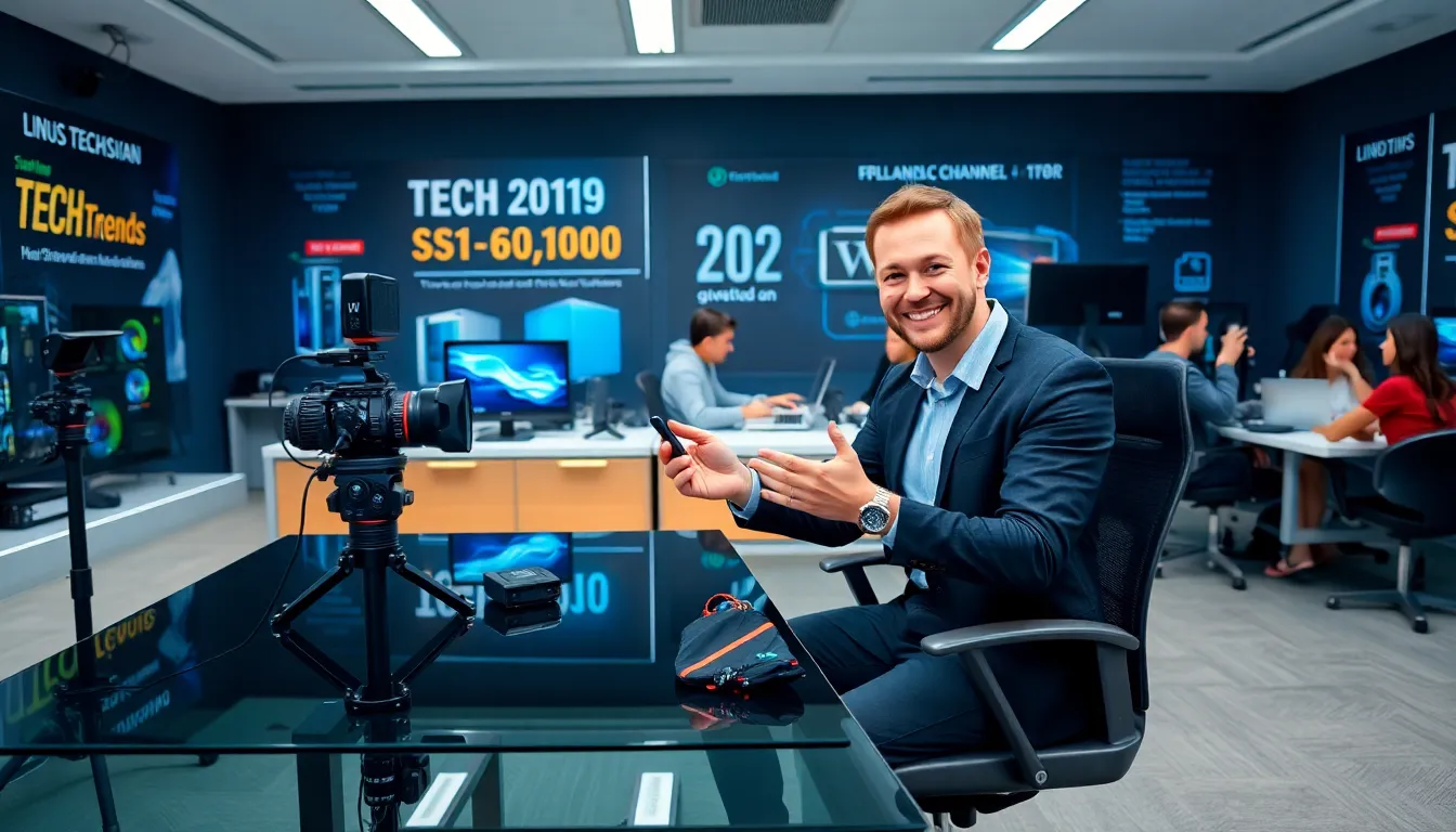 Linus Sebastian recording a video in a modern office with tech products.