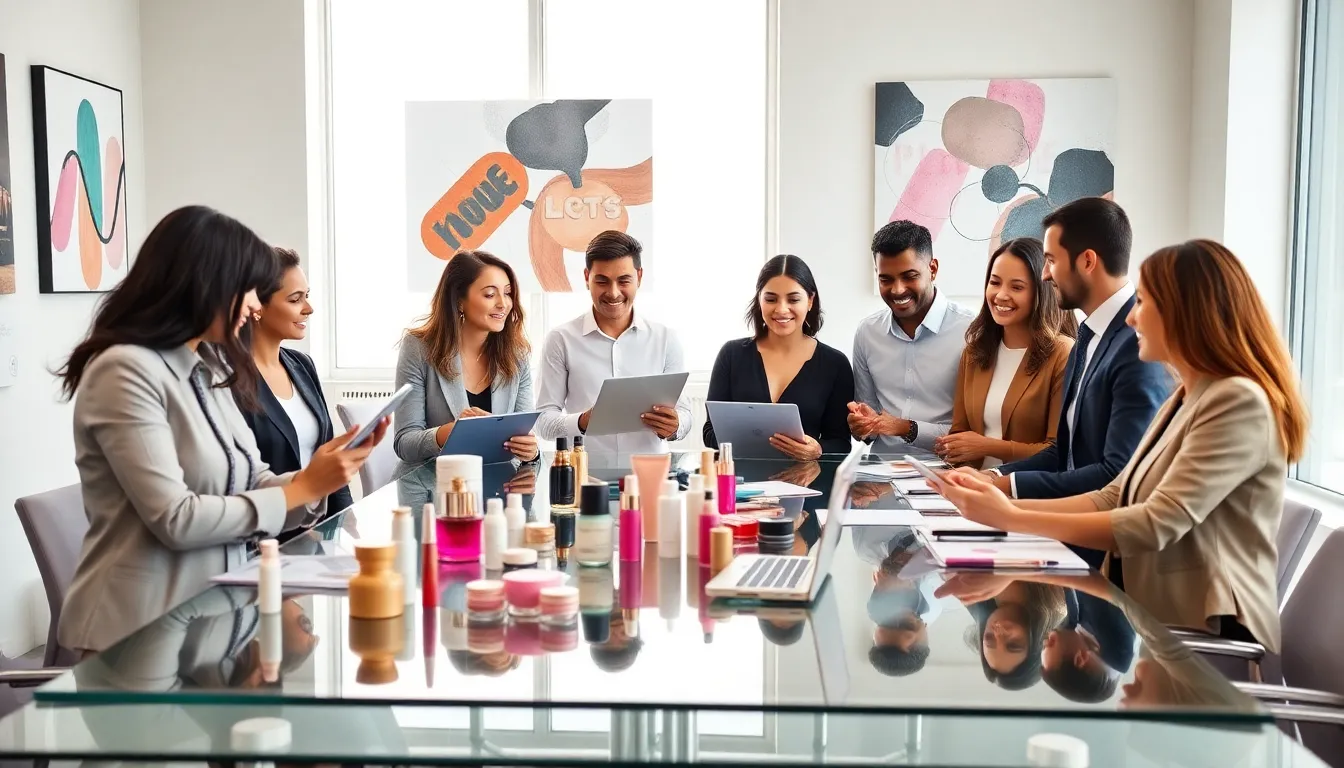 diverse professionals collaborating in a beauty industry workspace.
