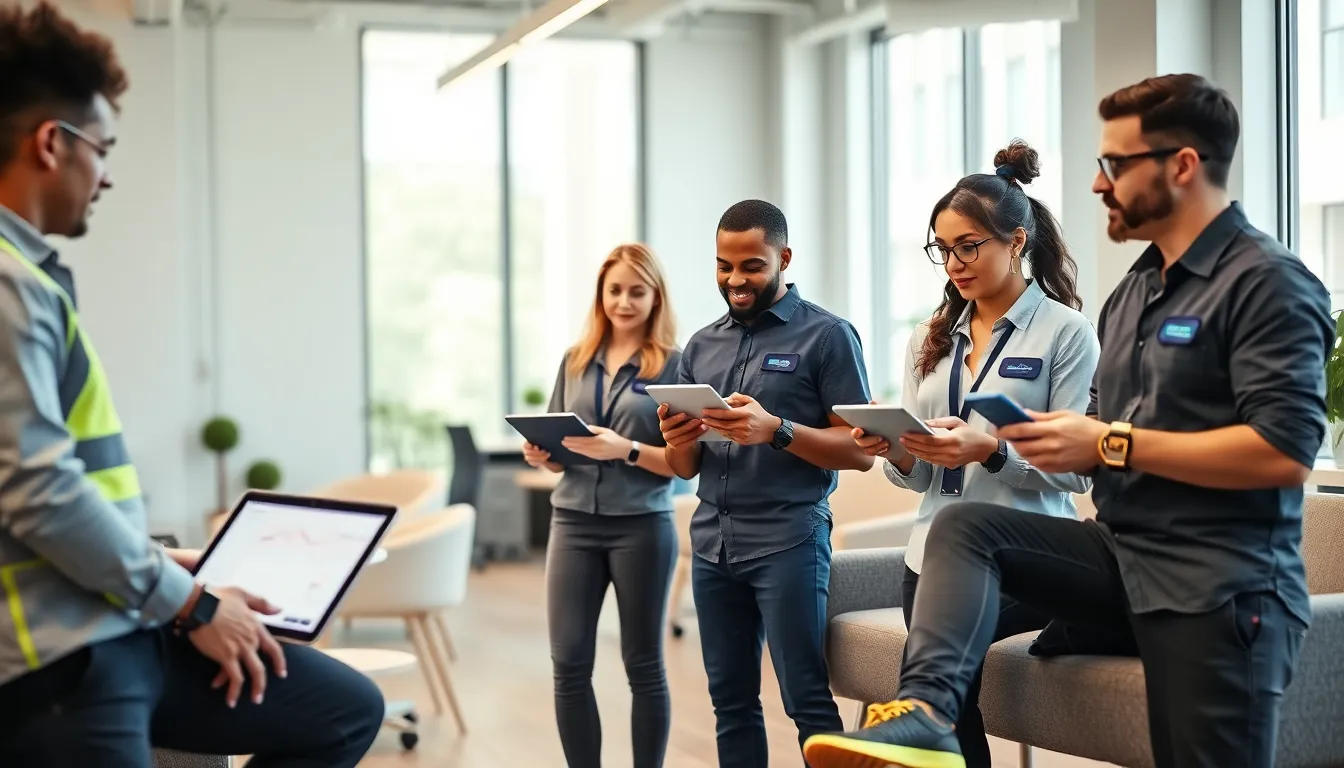 professionals using safety wearables in a modern office setting.