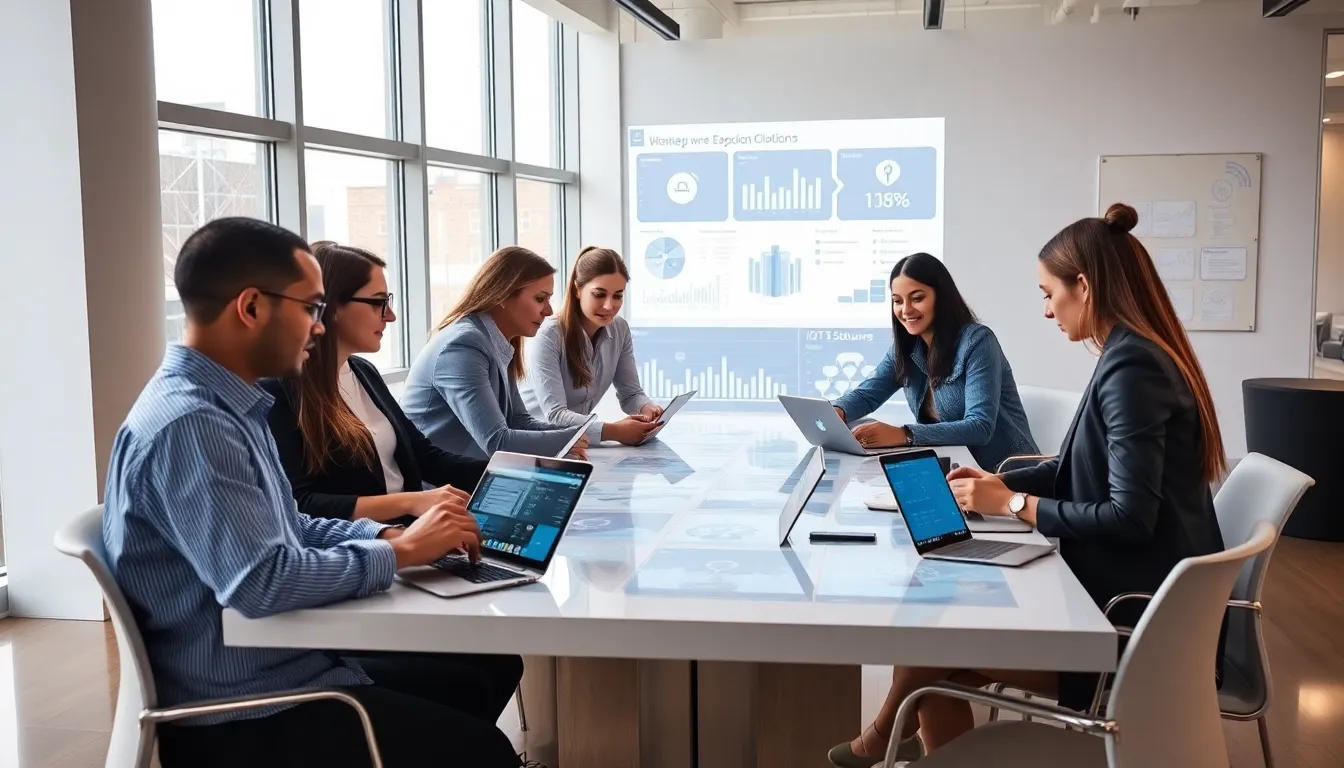 diverse team collaborating on IoT software in a modern office.