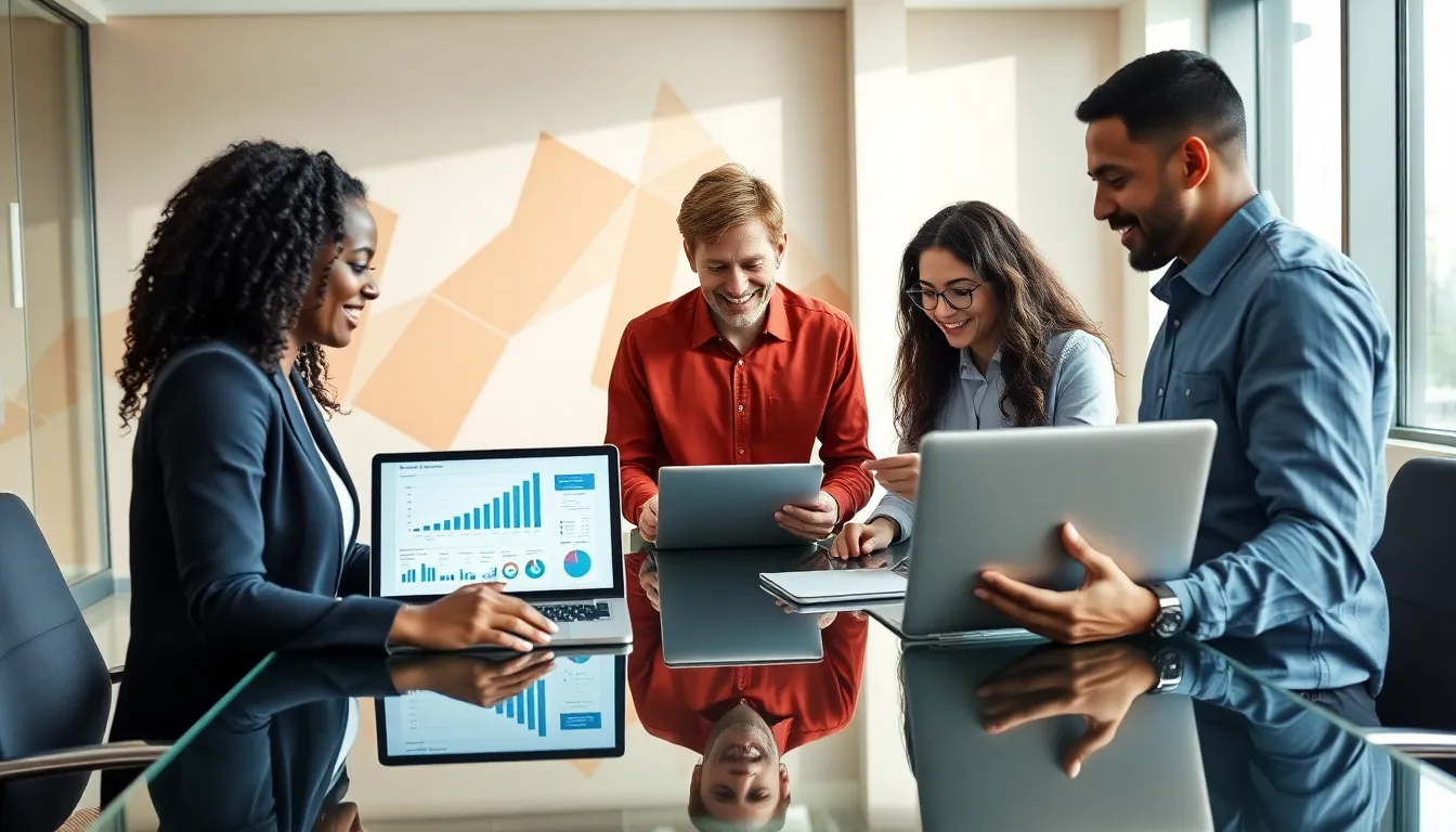 diverse professionals collaborating in a modern office setting.
