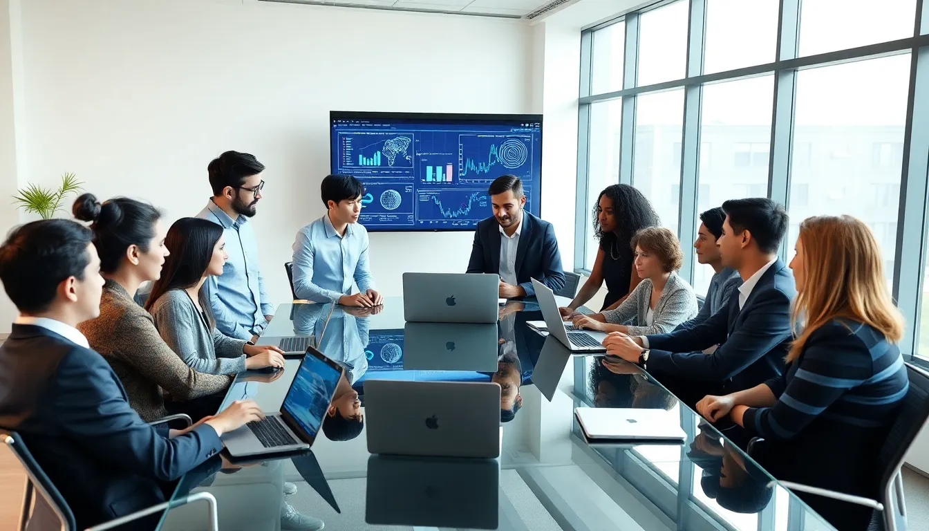 diverse team discussing data science in a modern office.