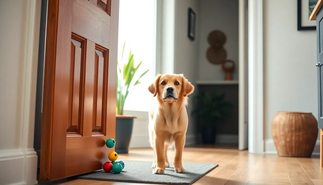 A dog nudging colorful pet training bells by a door.