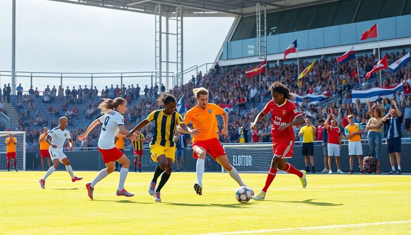 diverse football players in action on a modern soccer field.