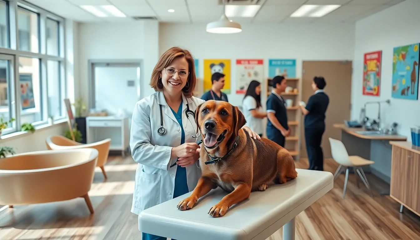 veterinarian examining a dog in a modern clinic.