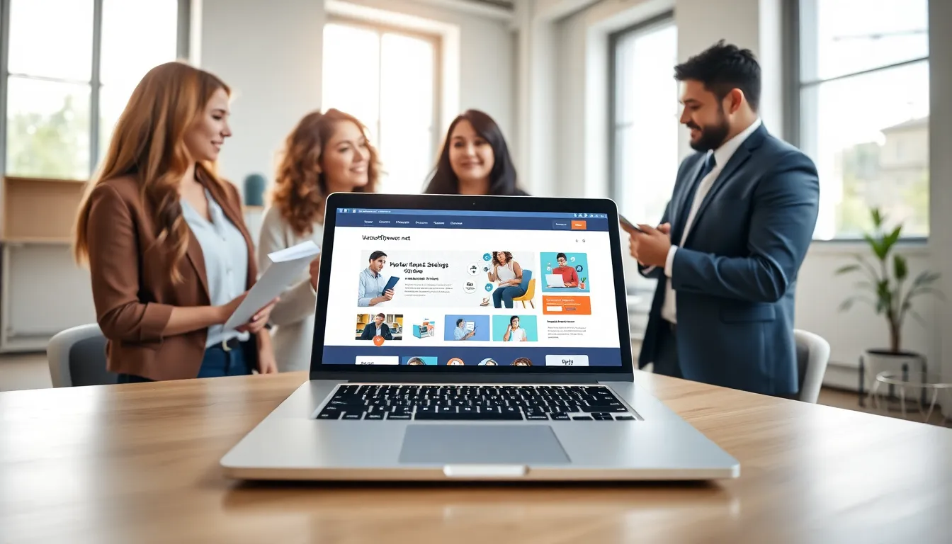 professionals collaborating around a laptop in a modern office.