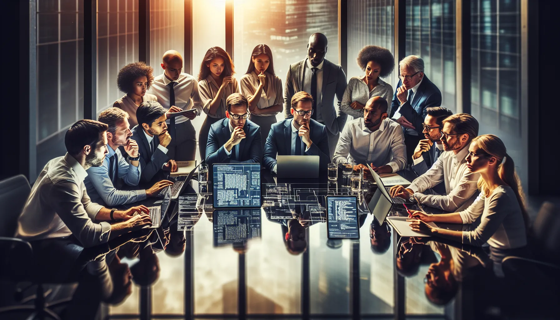 diverse professionals collaborating on complex concepts in a modern office.