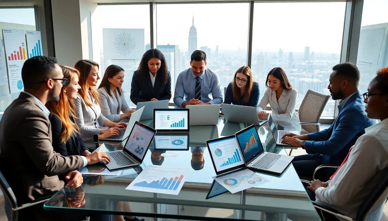 diverse team discussing career development in a modern office.