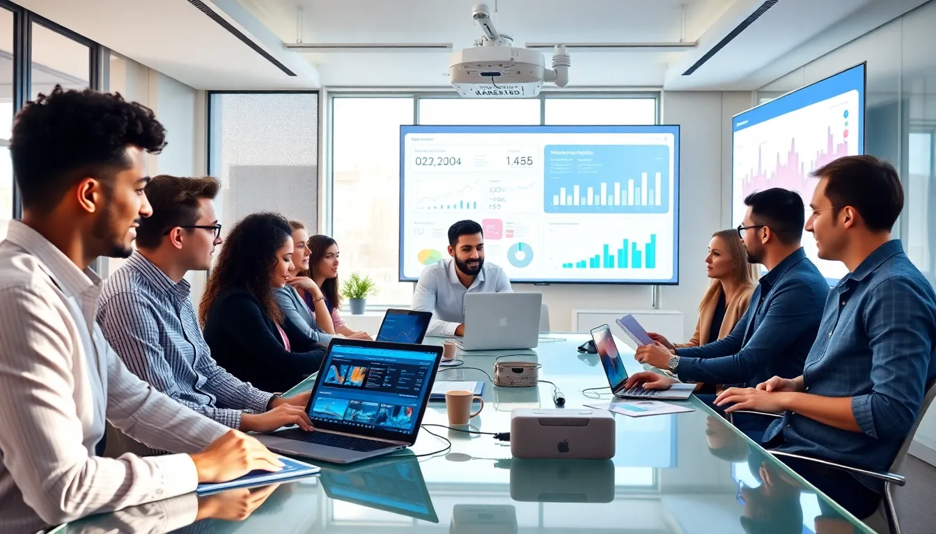 diverse team collaborating with advanced marketing technology in an office.