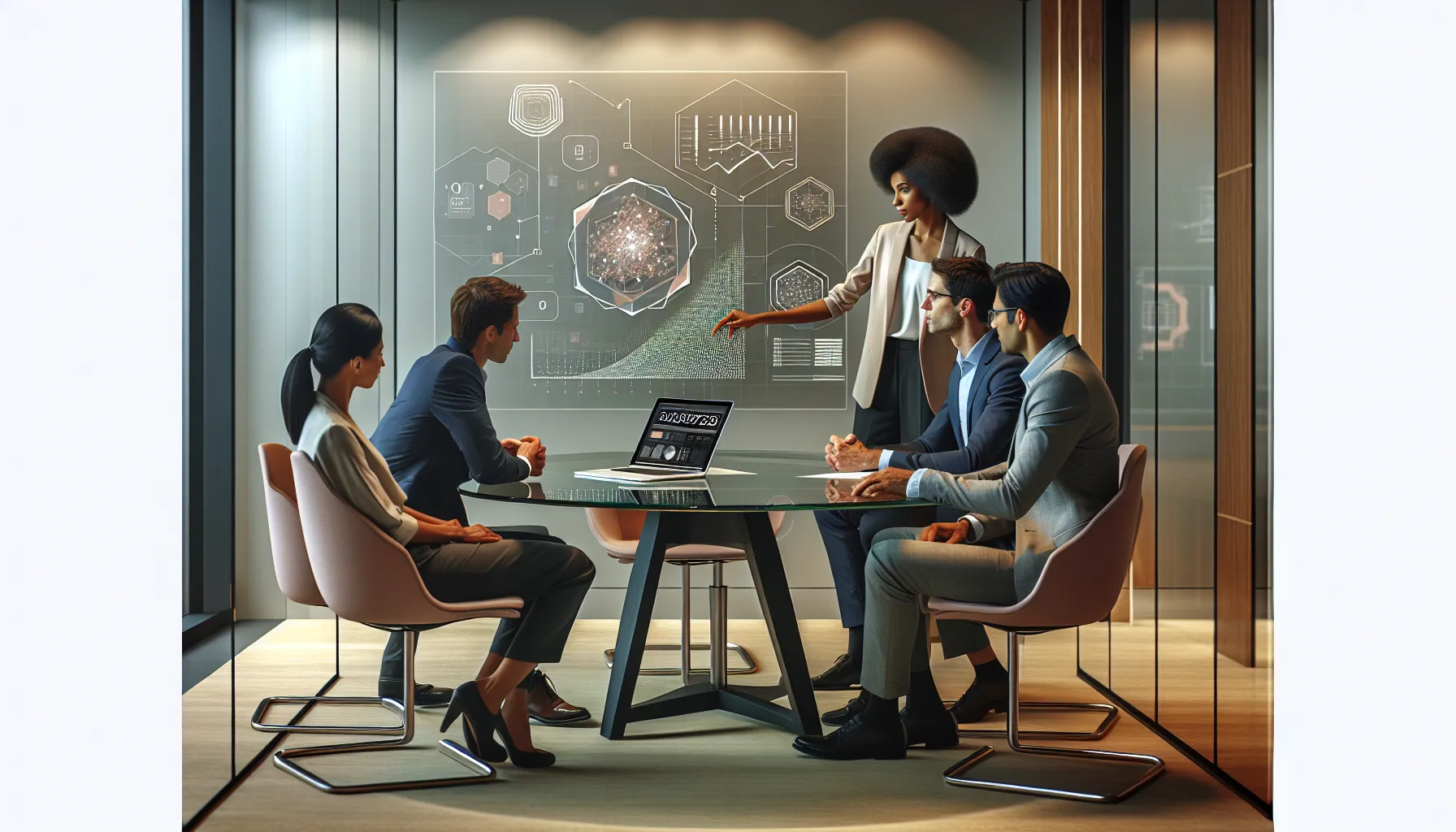 professionals collaborating over a laptop displaying identifier 3513371225.