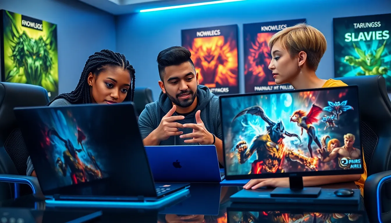 diverse gamers strategizing in a modern office during a gaming session.