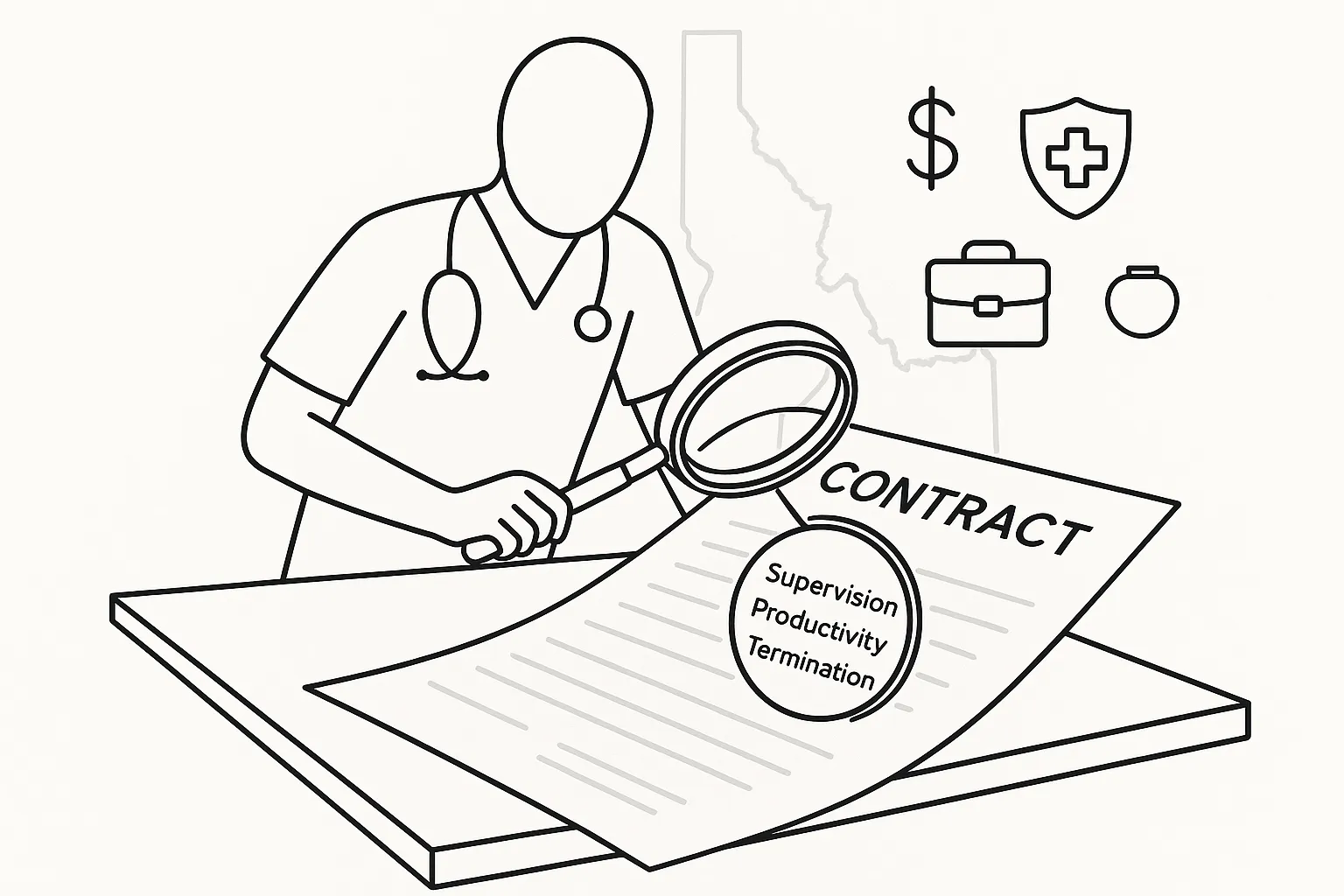 PA examining a contract with Idaho outline and icons for pay, license, and jobs of Idaho Physician Assistant Contract Review.