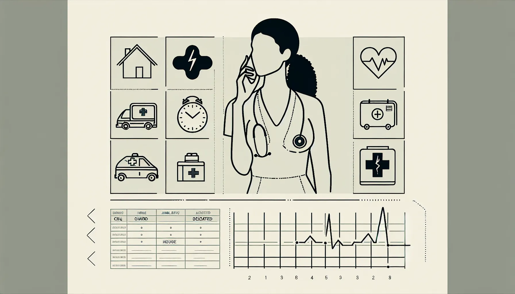 Veterinarian on call with phone, icons for remote, in‑house, emergency, roster.