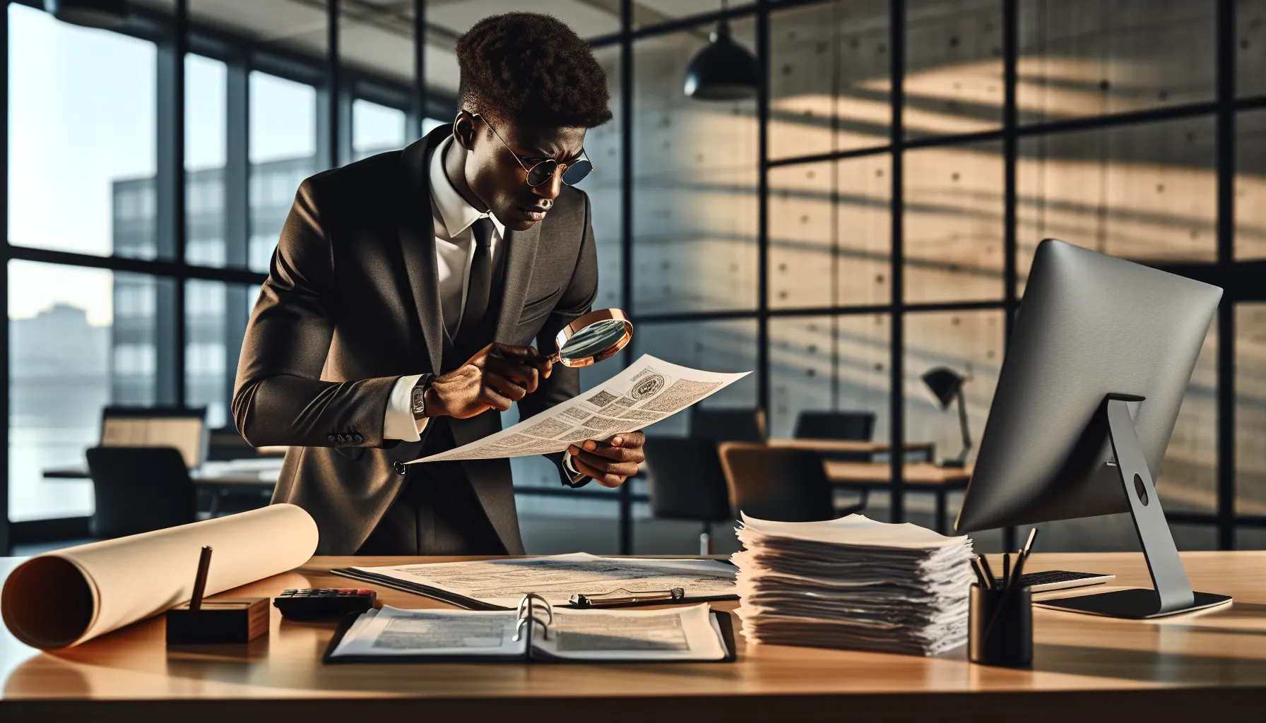 Professional examining building permits and architectural documents in modern office