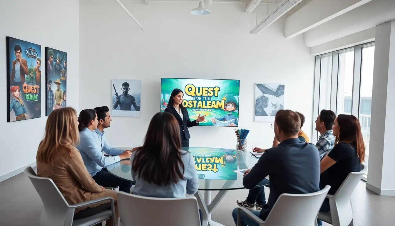 diverse game developers discussing concepts in a modern office.