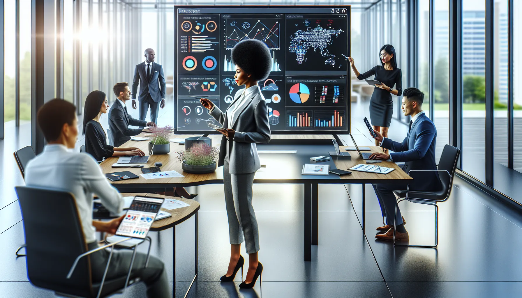 diverse team discussing data analytics in a modern office.