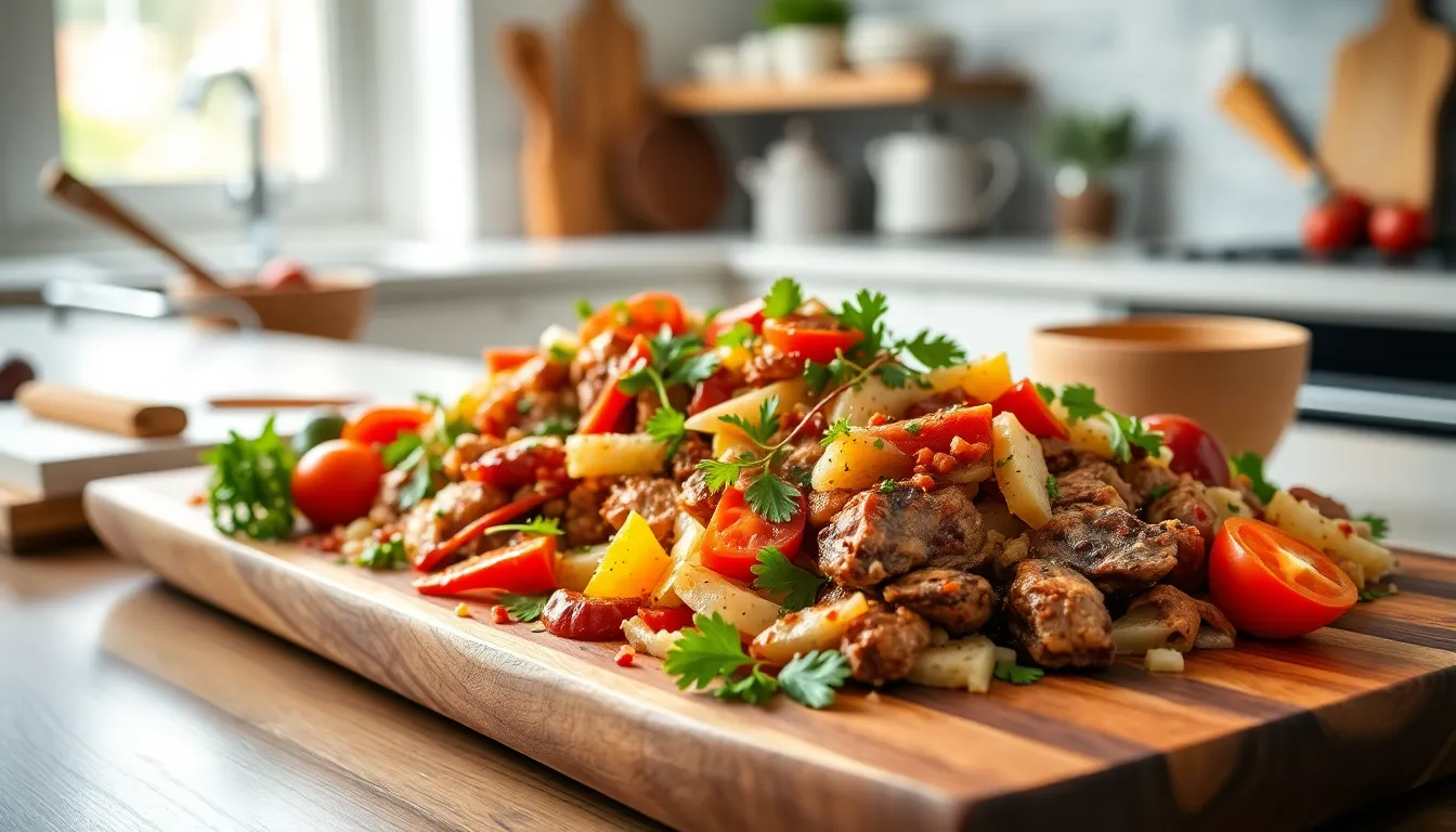 Vibrant porbeub dish on a wooden board in a modern kitchen.