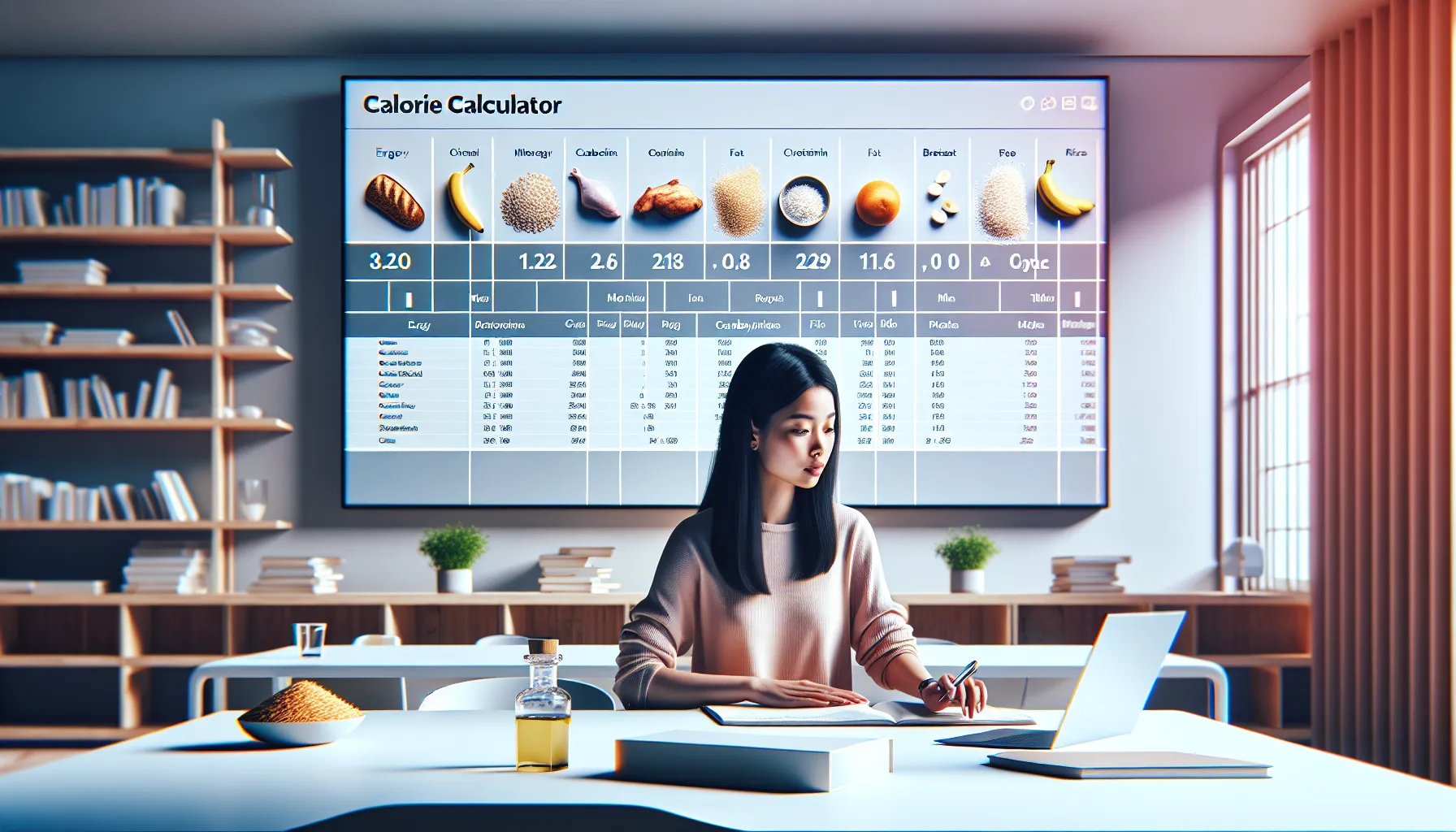 Student using a modern calorie calculator interface in a bright, clean room.