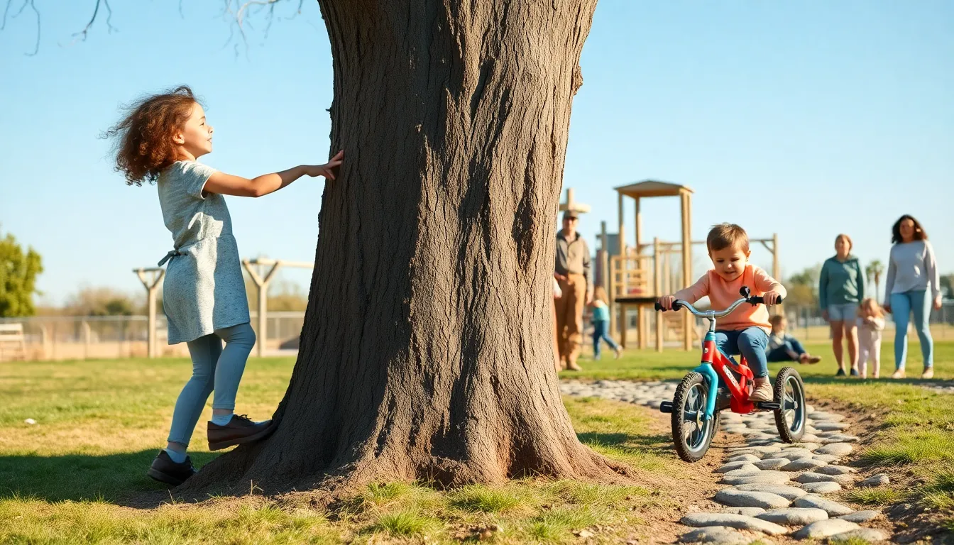 children engaged in risky play on a bright playground.