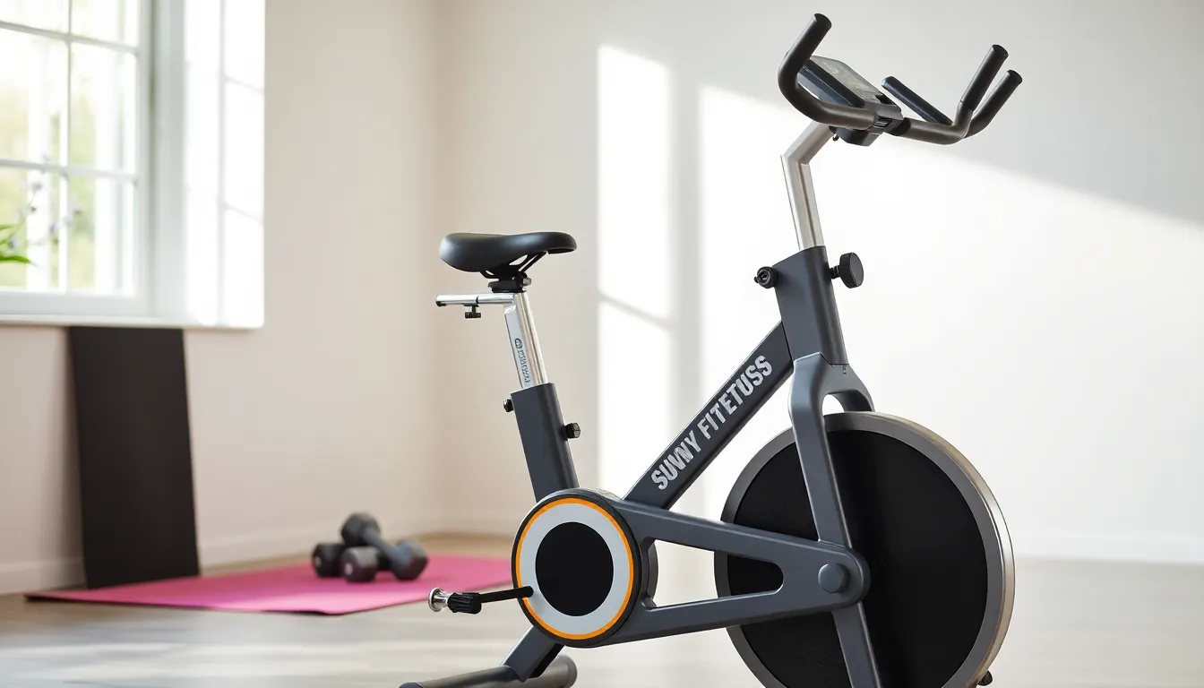 Sunny Health and Fitness exercise bike in a bright home gym.