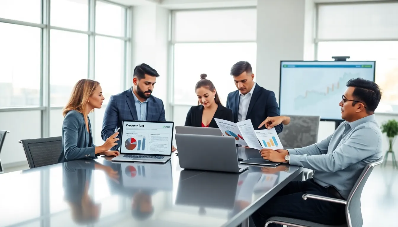 diverse team discussing property tax assessments in a modern office.