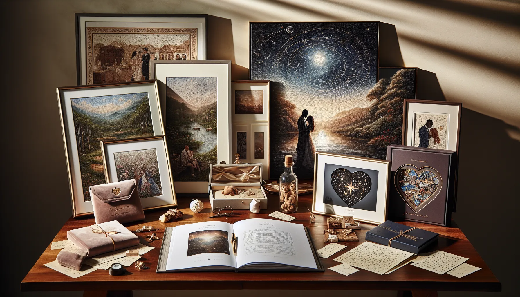 display of personalized anniversary gifts on a wooden table.