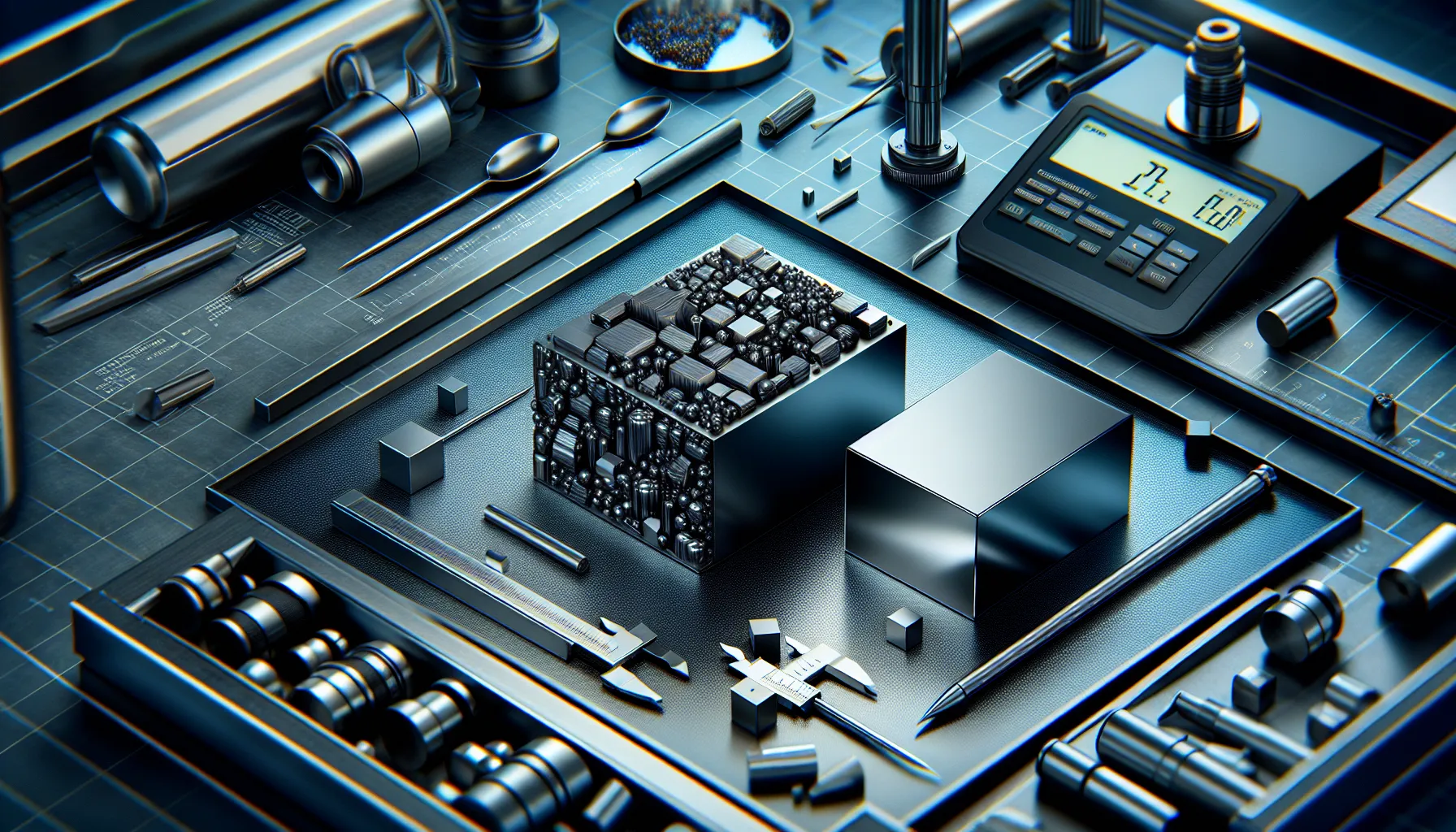 A comparison of tungsten and titanium blocks on a laboratory bench.