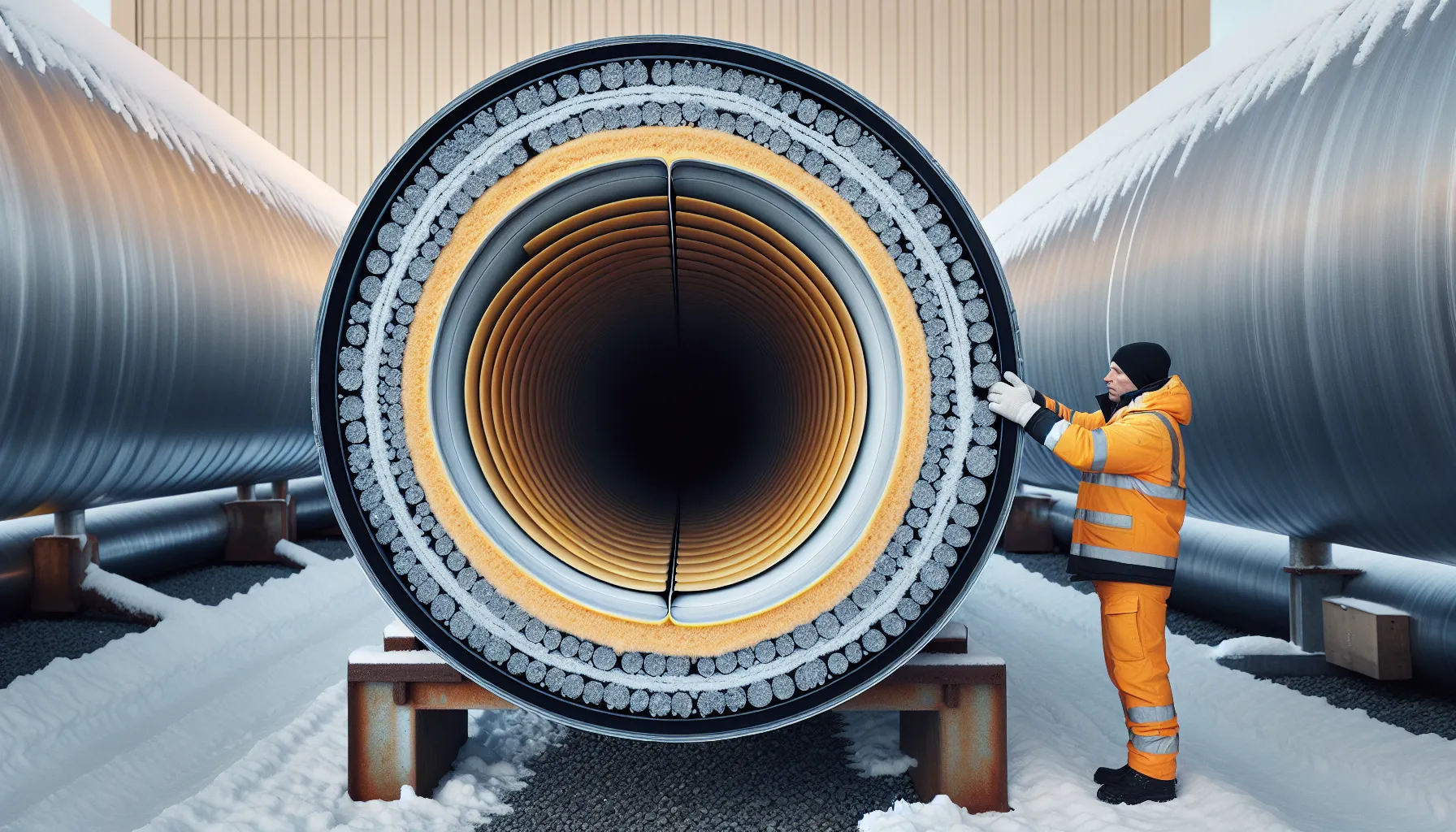 Engineer inspects insulated district heating pipes with cutaway showing layers in winter.